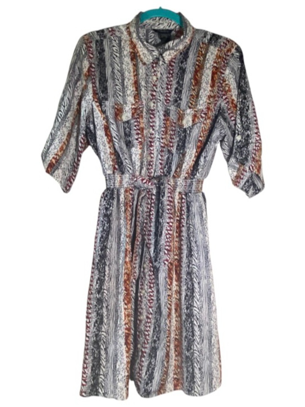 Striped Midi Shirt Dress with Self-Tie Waist in Gray and Brown
